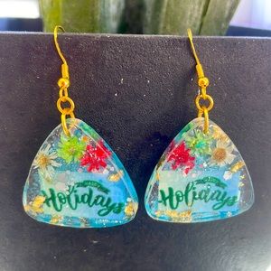XMAS Handmade Pressed Flower Medium Holiday Vibes Earrings Blue Triangle